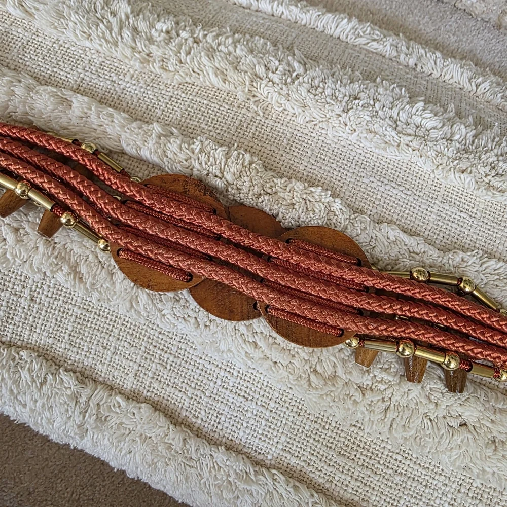 Nylon Belt With Wood Beads And Gold Accents